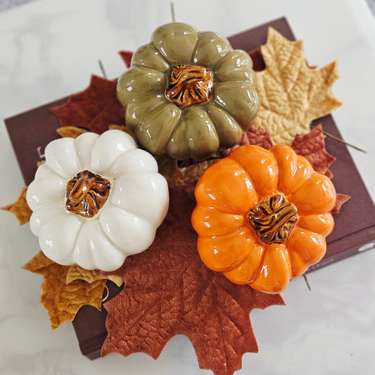 11x8cm decorative autumn pumpkins in three assorted colours for Halloween and seasonal home décor