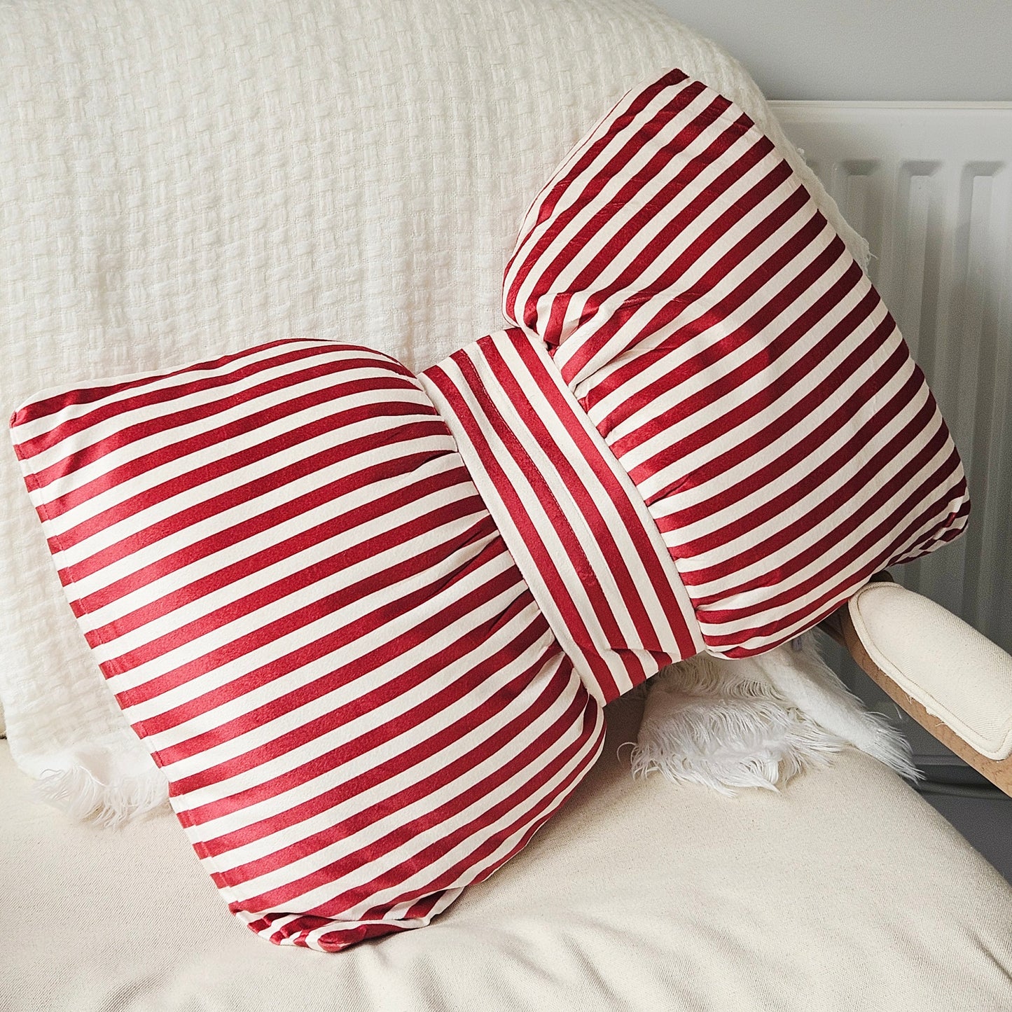 Red & White Christmas Bow Cushion | Velvet