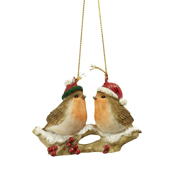 Robin duo Christmas tree hanging decoration on snowy branch