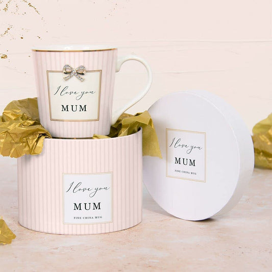 I love you mum mug with diamond bow pastel pink and gift box