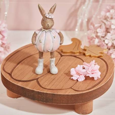 Pink pumpkin rabbit standing ornament with mini pumpkin hat and boots