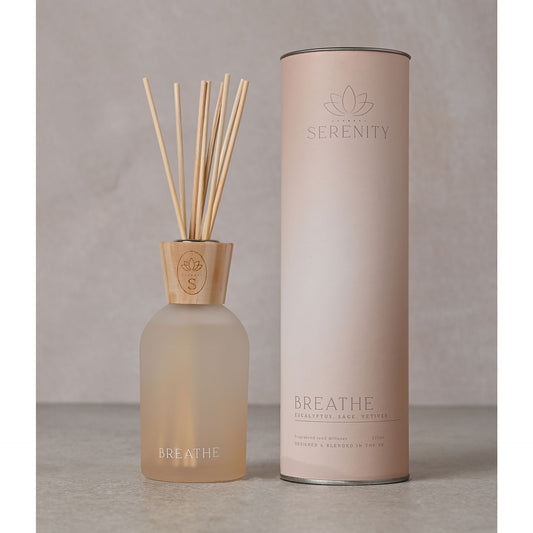 Serenity Breathe Diffuser, a delightful blend of soothing Eucalyptus, calming Sage, and earthy Vetiver
Features a 220ml of scented diffuser oil. 