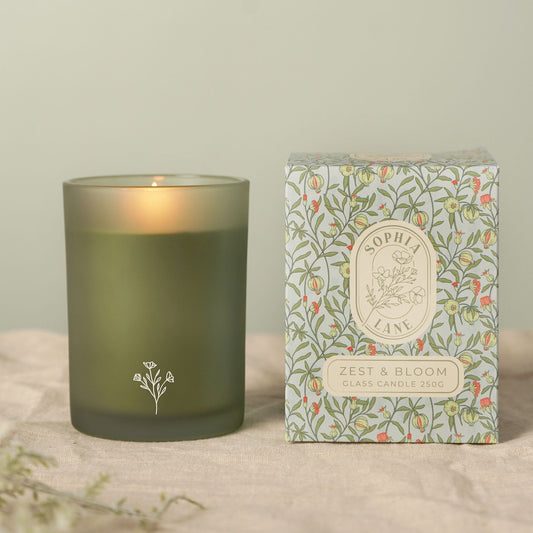 Sophia lane Green candle with a decorative box zest and bloom 250g