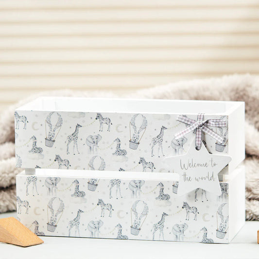 wooden welcome baby crate with grey animals and balloon print and star tag 