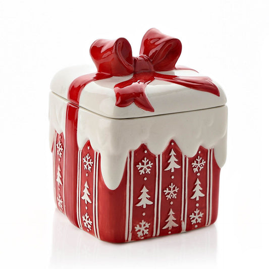 christmas present shaped cookie jar with red bow detail