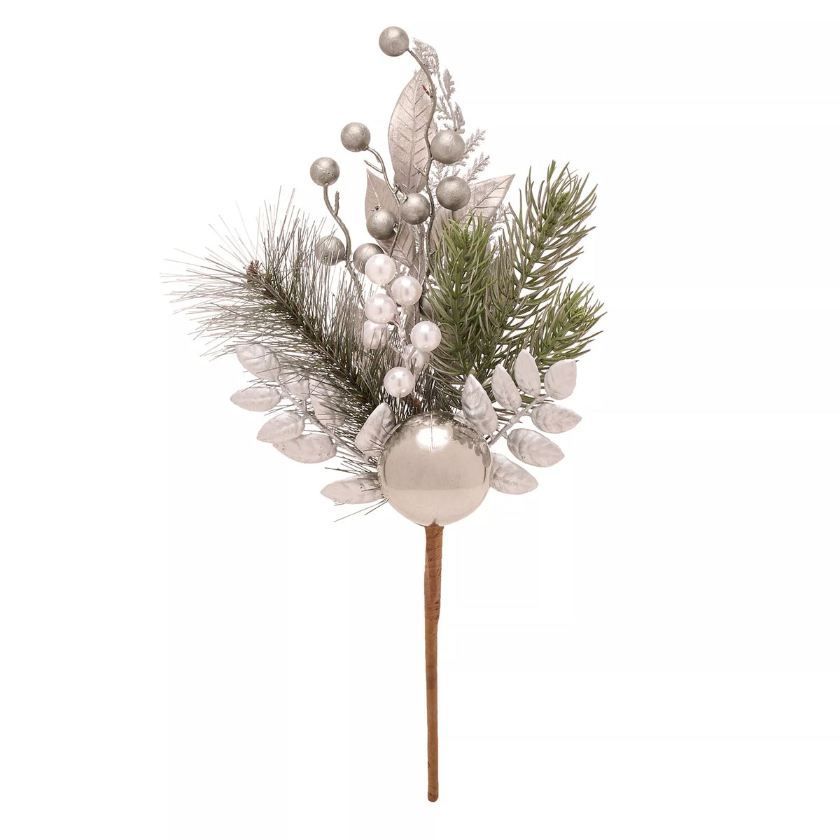 Decorative Christmas stem with greenery, silver berries, and a large silver ball 