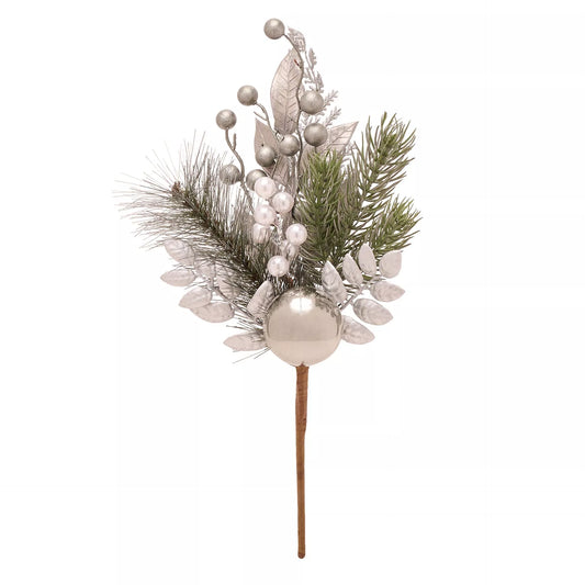 Decorative Christmas stem with greenery, silver berries, and a large silver ball 