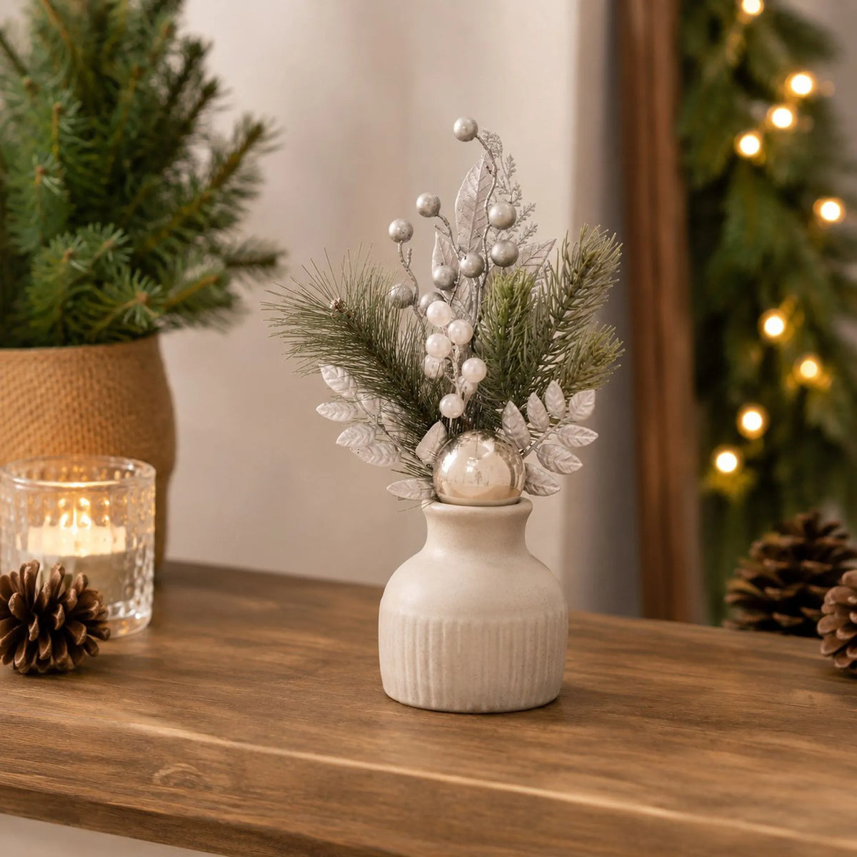 Pine needle Christmas foliage stem with green white and silver baubles