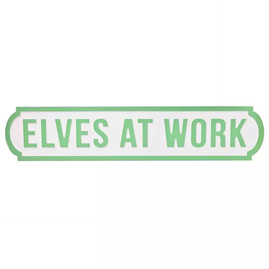 white and green Sign with 'ELVES AT WORK' text on front in green 60cm