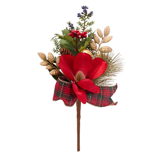 Magnolia Christmas tree pick with gold green red baubles and bow