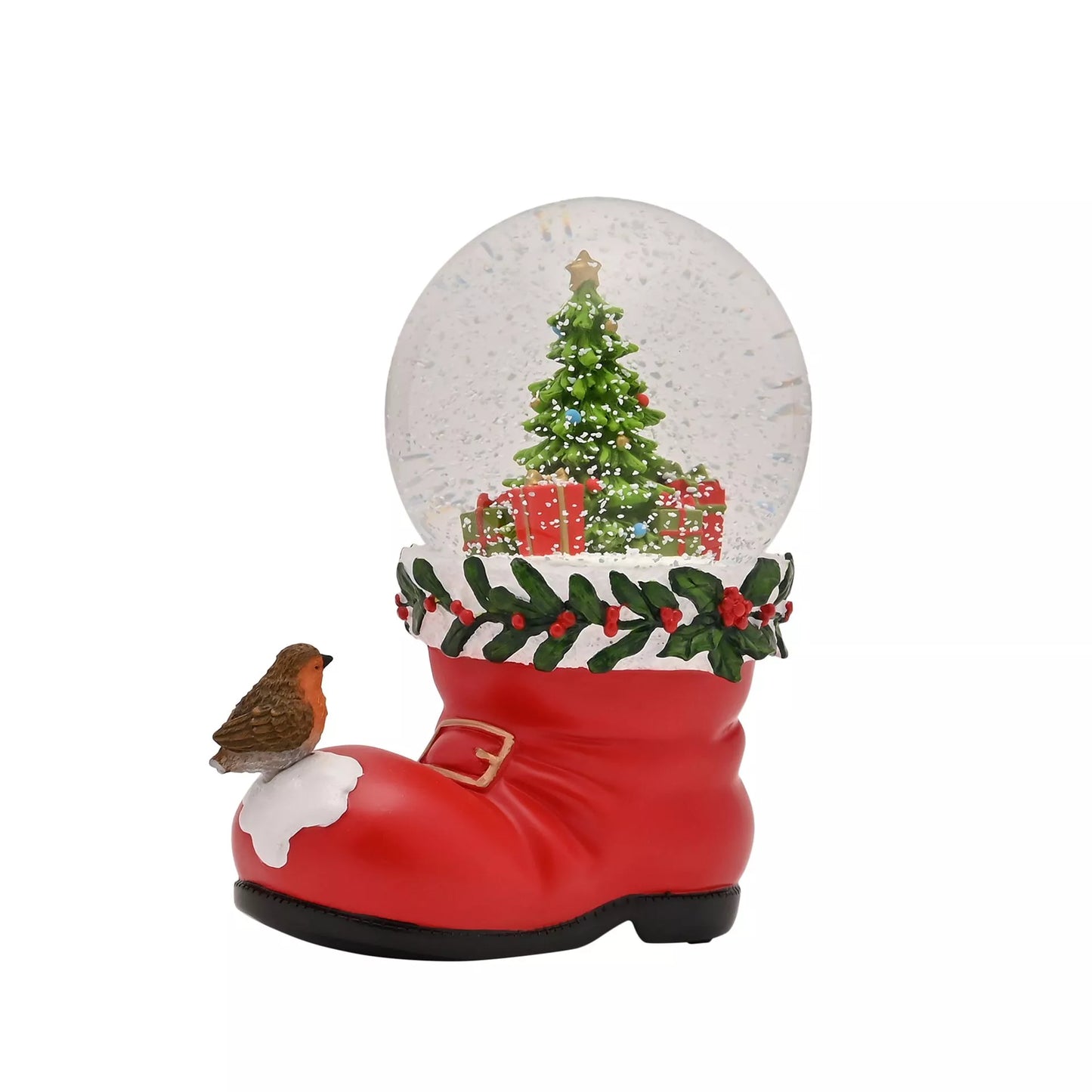 Christmas-themed snow globe in a red santa boot with a robin on it