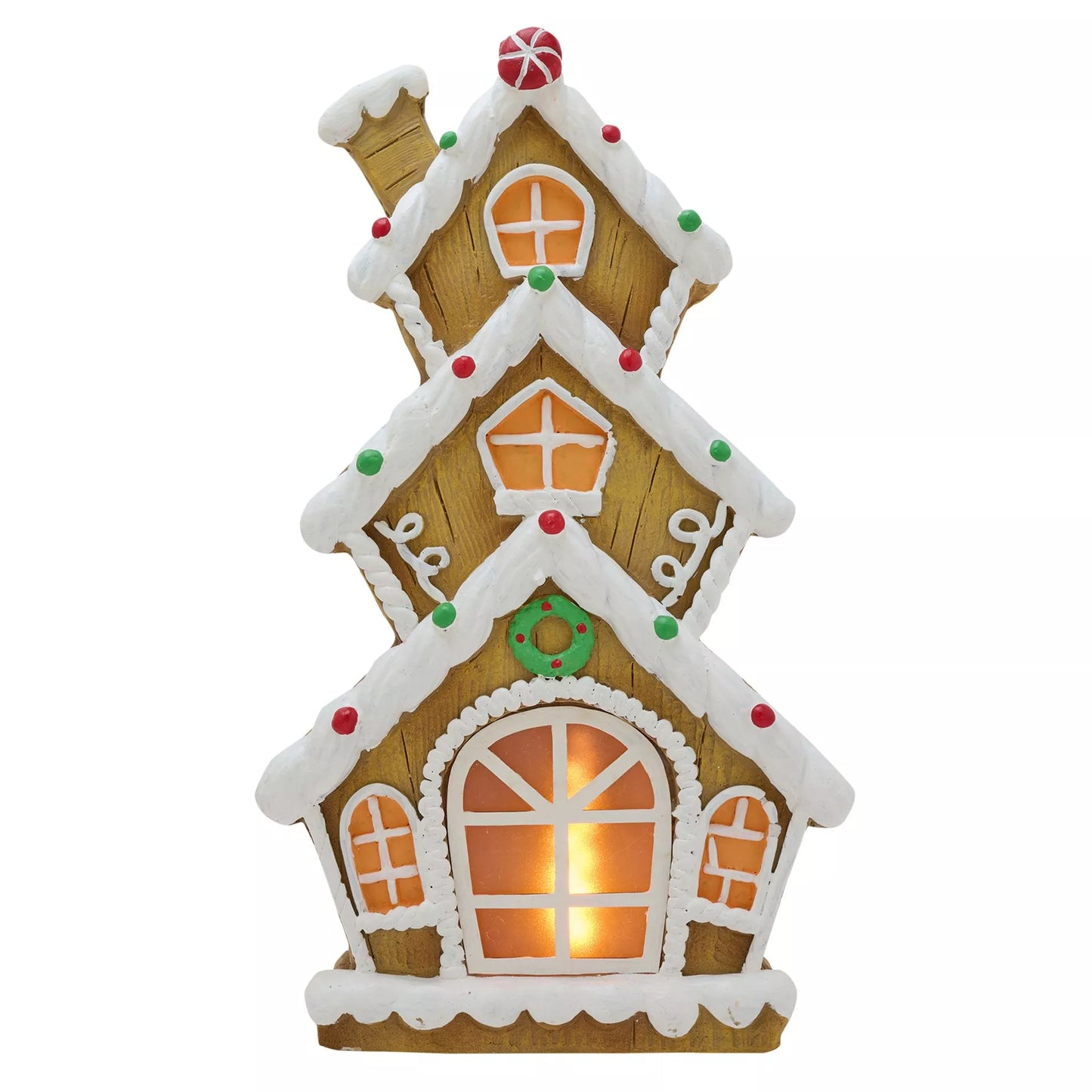 led gingerbread house large 40cm 3 houses stacked on top of one another with white snow roofs and chimney