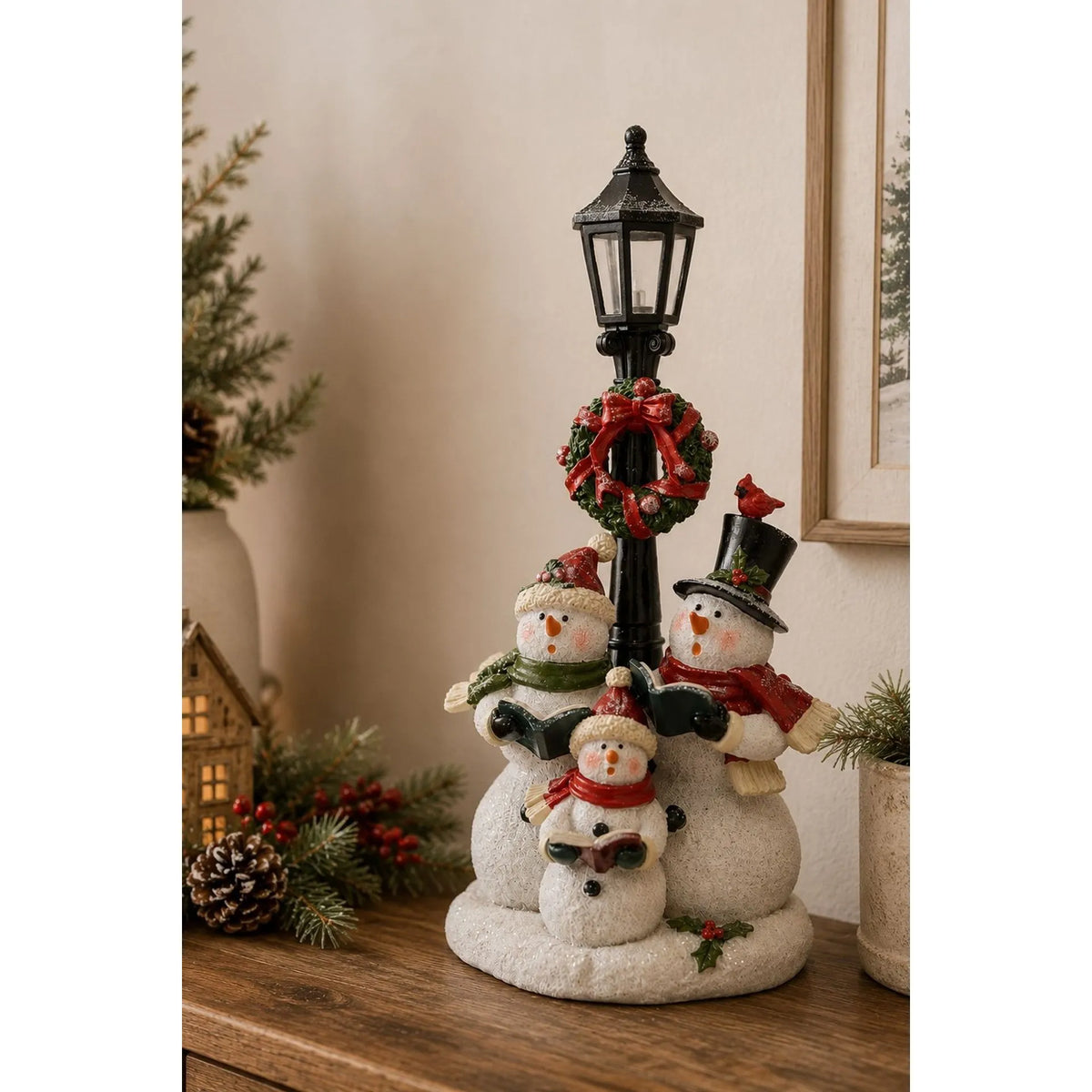 Snowmen Under A Lamp Post Christmas Decoration with Festive Holly Wreath