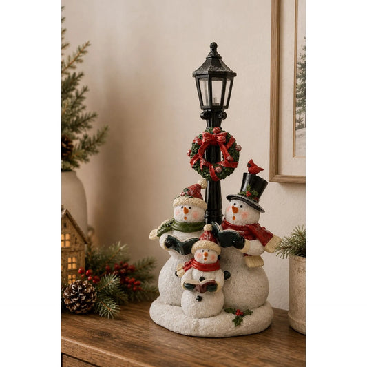 Snowmen Under A Lamp Post Christmas Decoration with Festive Holly Wreath