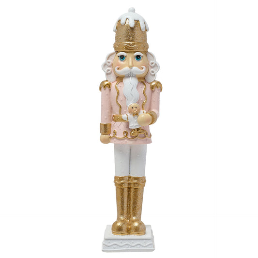 nutcracker figurine 23cm white, gold and pink holding gingerbread