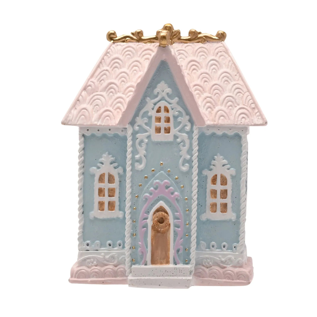 Pastel blue Christmas house ornament with peaked roof and arched windows