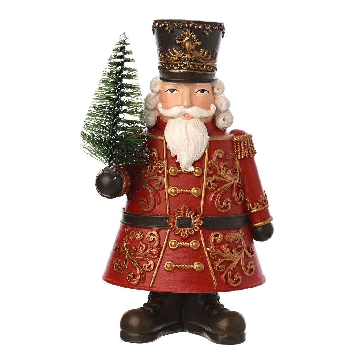 Regal Tidings red and gold nutcracker Christmas figurine with tree