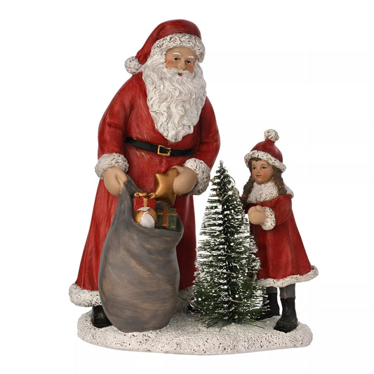 Decorative figure of Santa Claus with a sack and child and a christmas tree with led lights