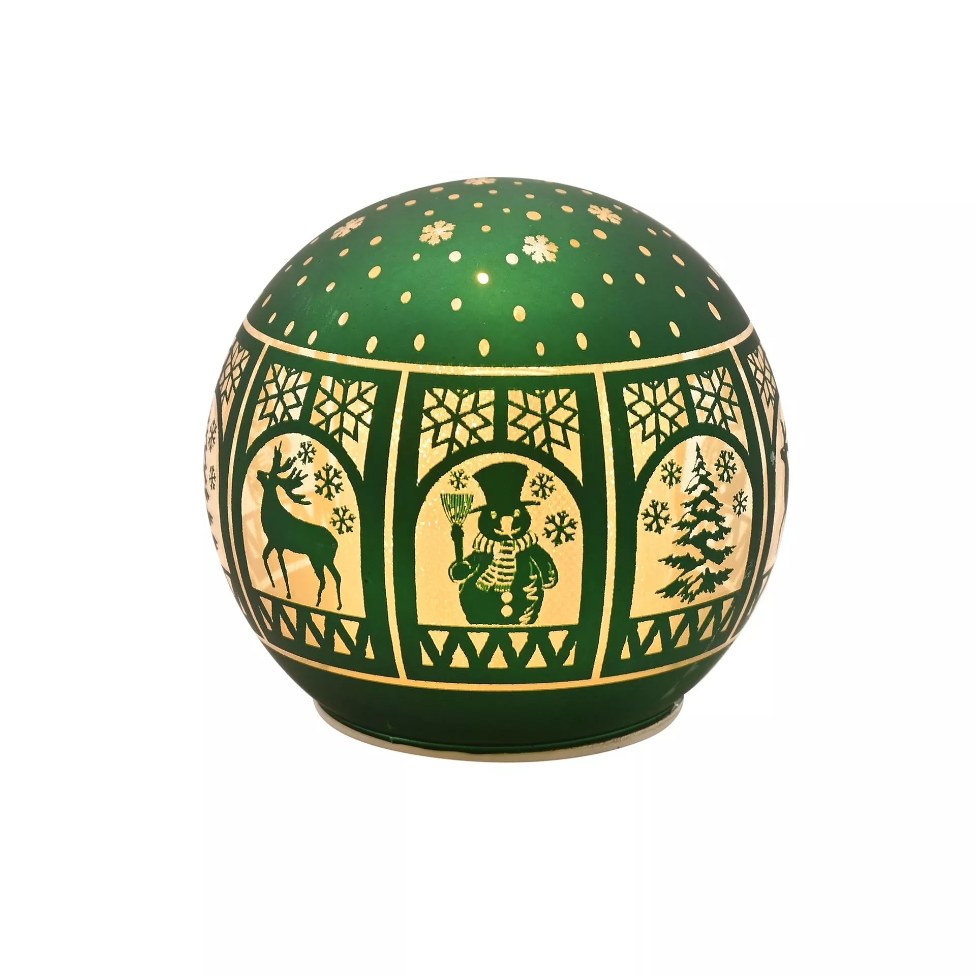 Decorative green ball with festive patterns led glass snowman and reindeers