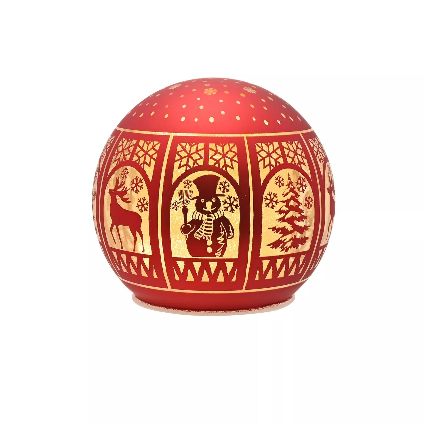 Decorative red ball with gold Christmas-themed patterns 