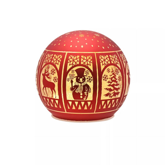 Decorative red ball with gold Christmas-themed patterns 