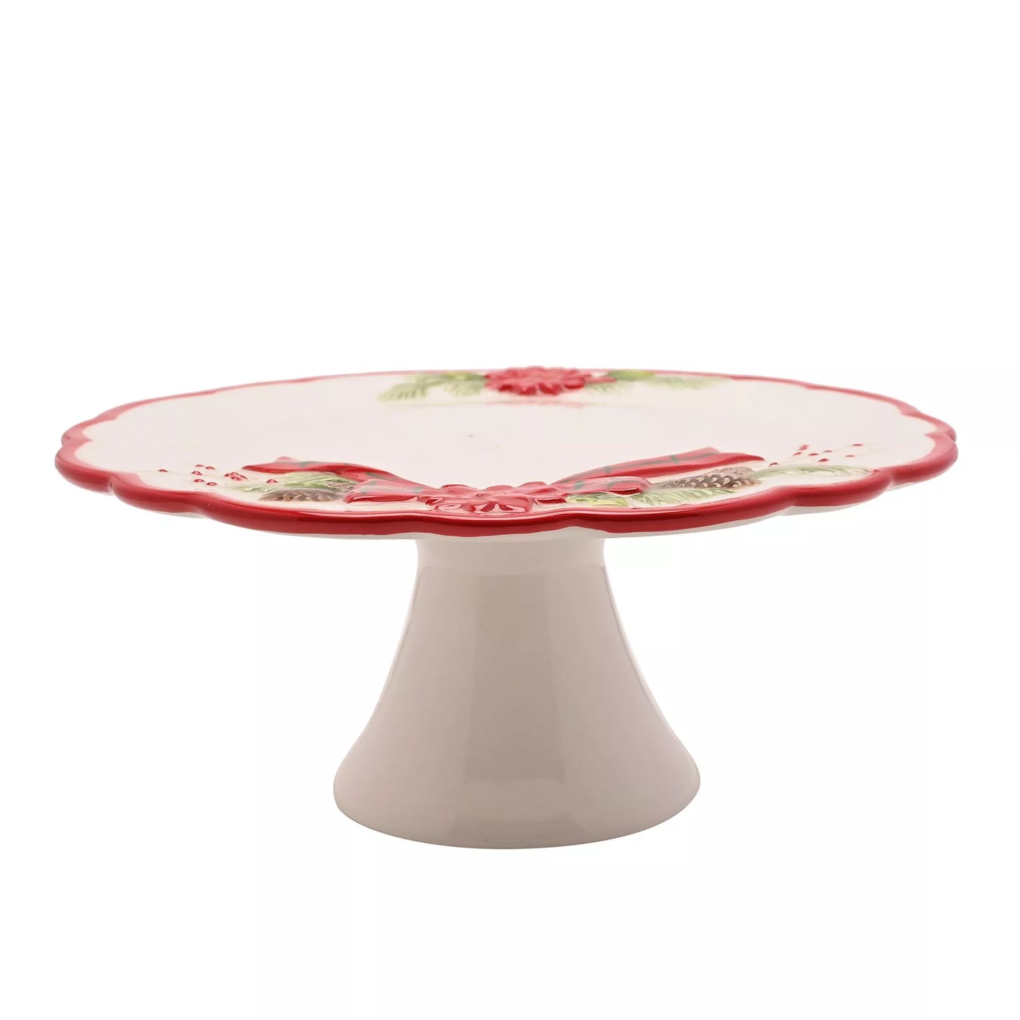 Decorative poinsettia cake stand with floral design and bow
