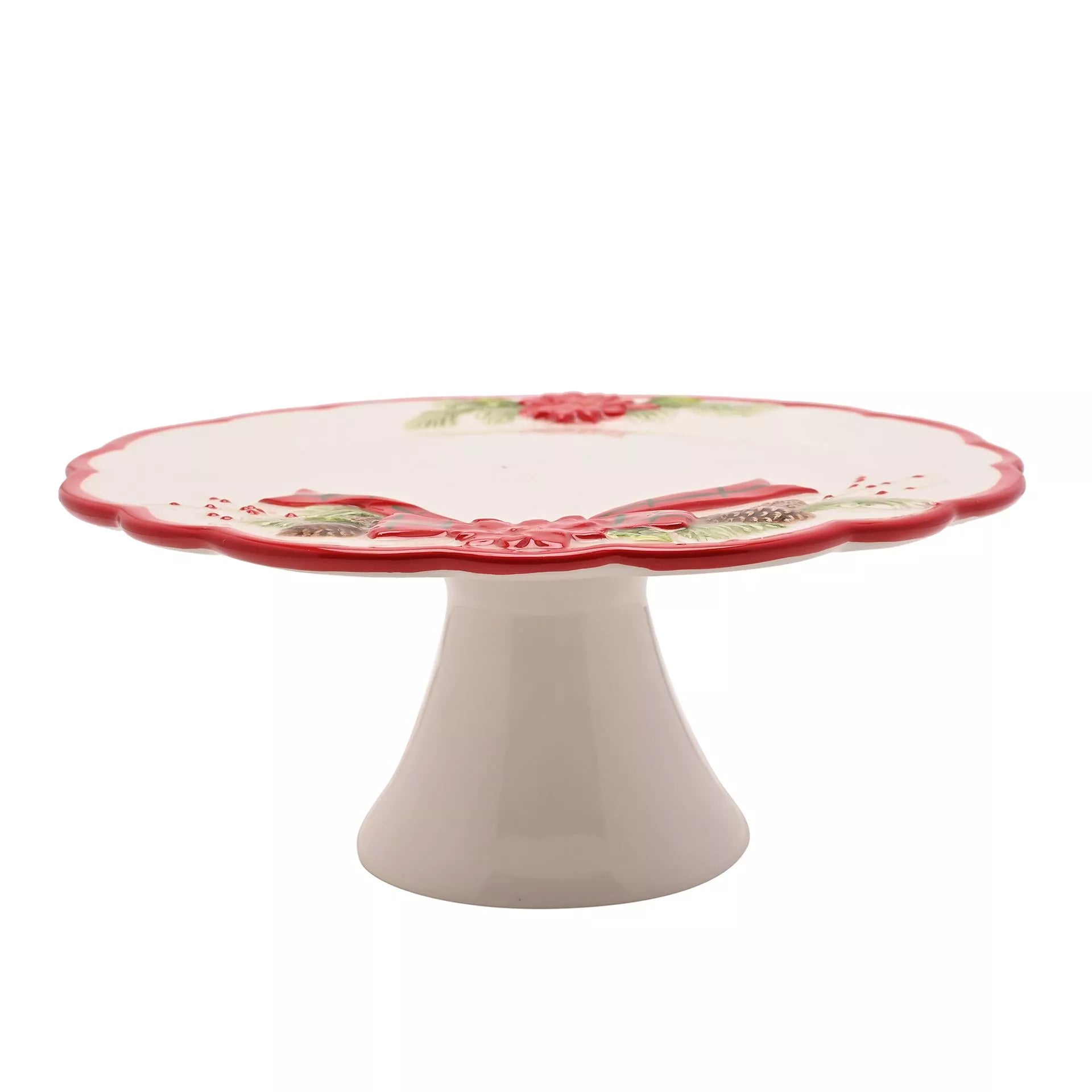 Decorative poinsettia cake stand with floral design and bow