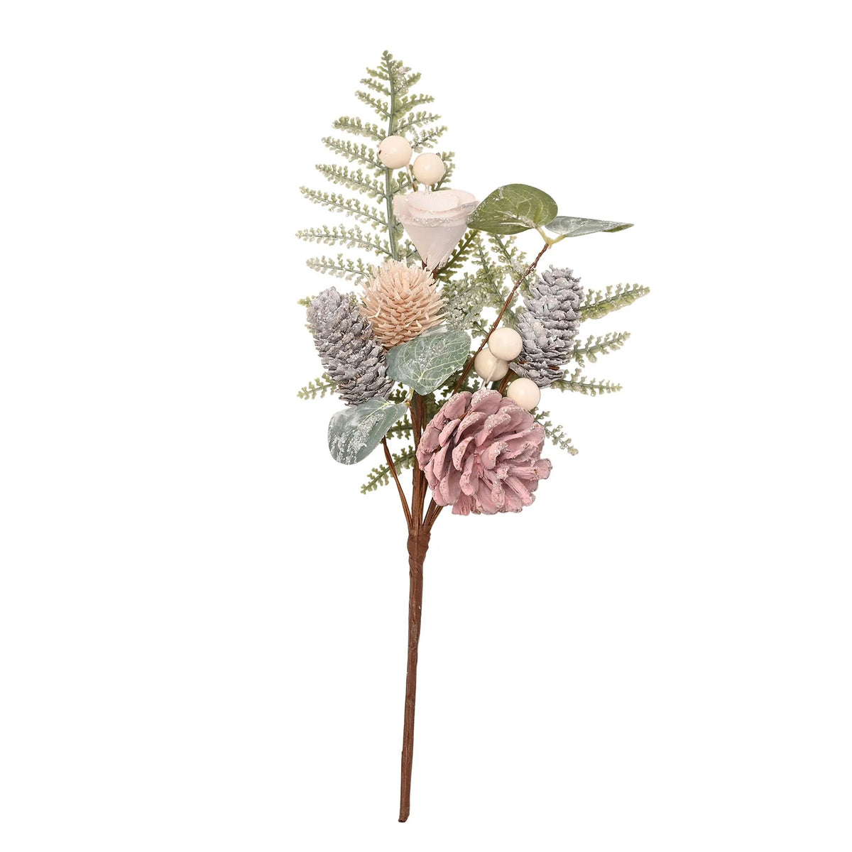 Blush pink Christmas foliage spray pick with rustic pine cones