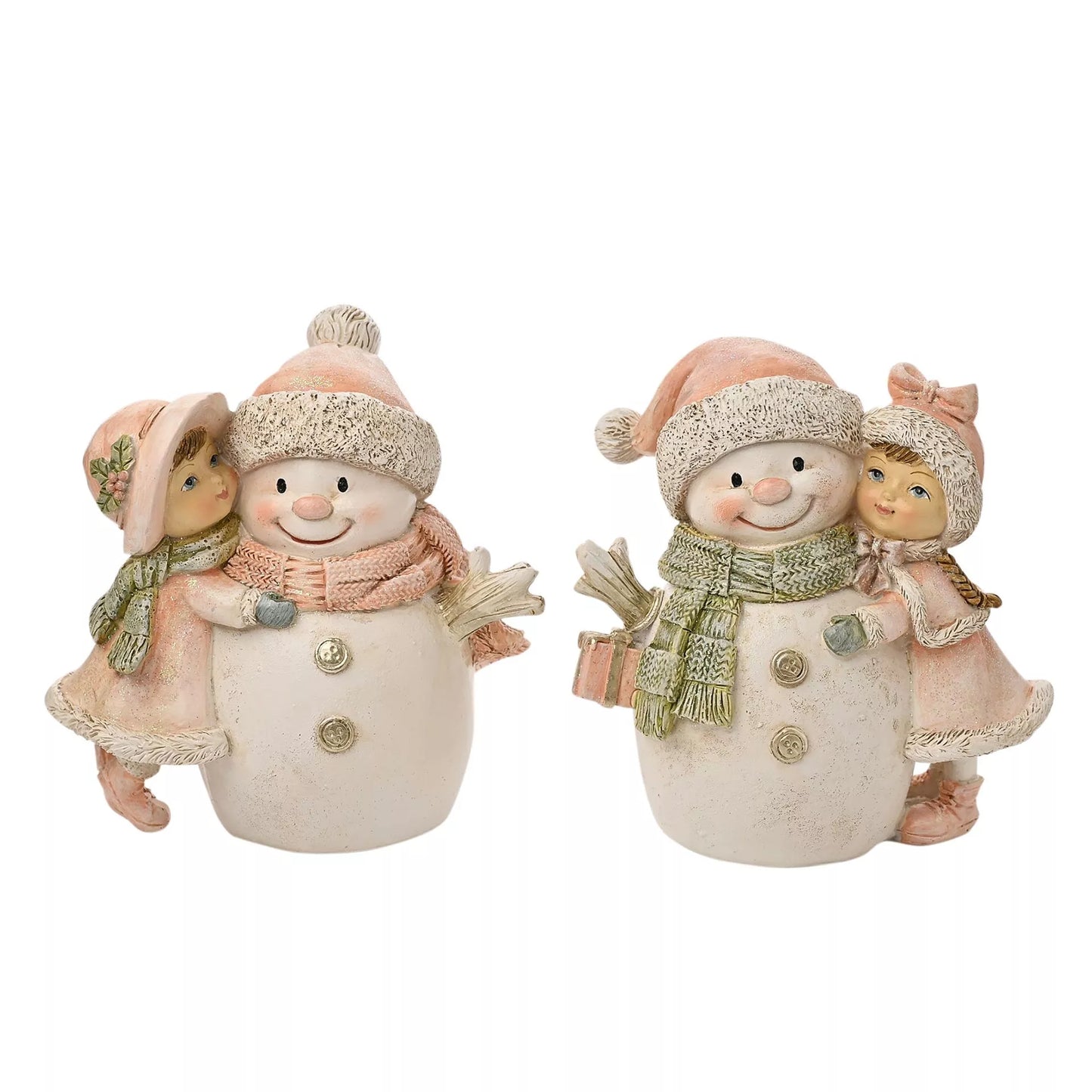 Decorative snowman figurines with sweet girl wearing pink hats and scarves hugging