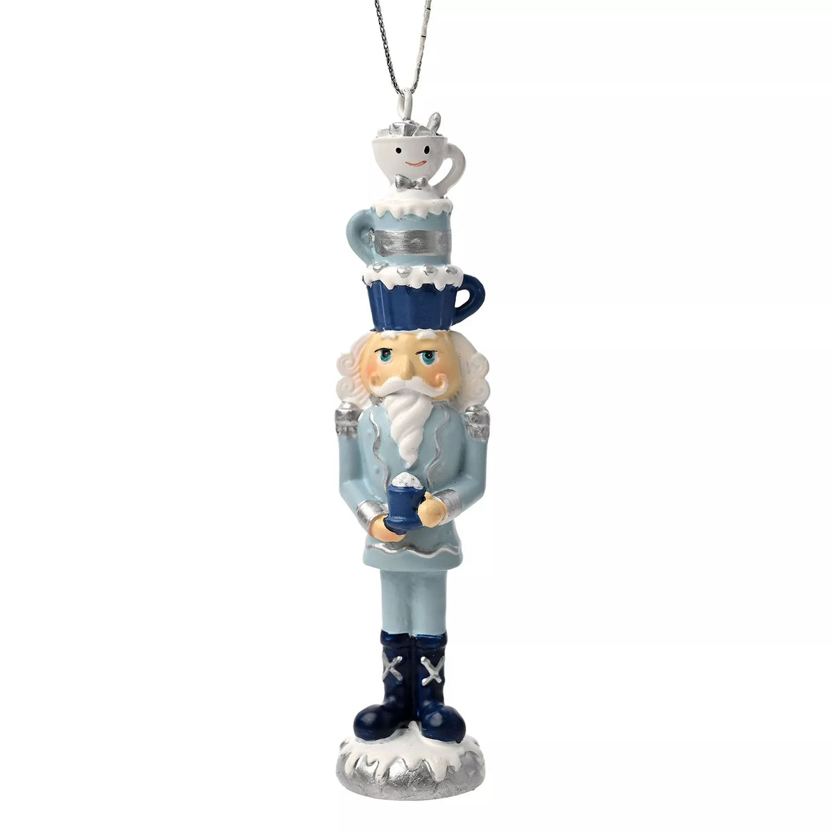 Blue and white nutcracker Christmas tree hanging ornament with teacup hat