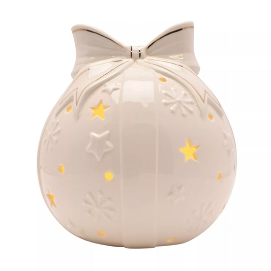 porcelain led christmas bauble ceramic 15cm with cut out stars and gold details and bow