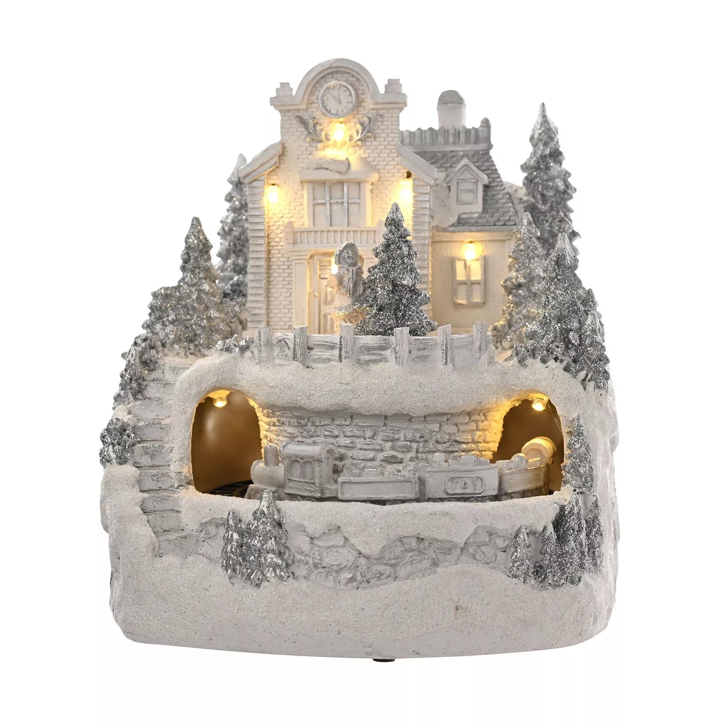 Decorative snow-covered led christmas house with lights and moving train