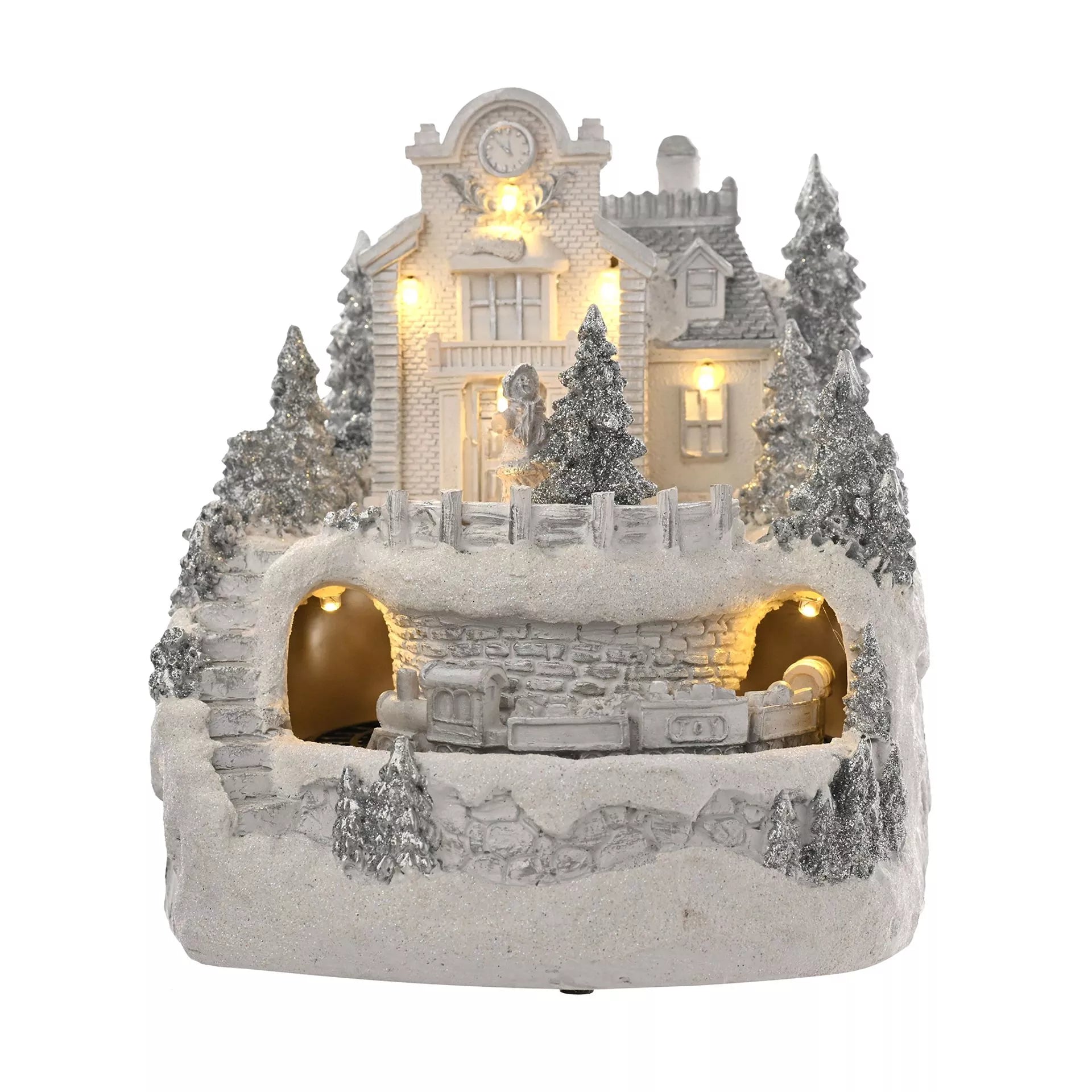 Decorative snow-covered led christmas house with lights and moving train