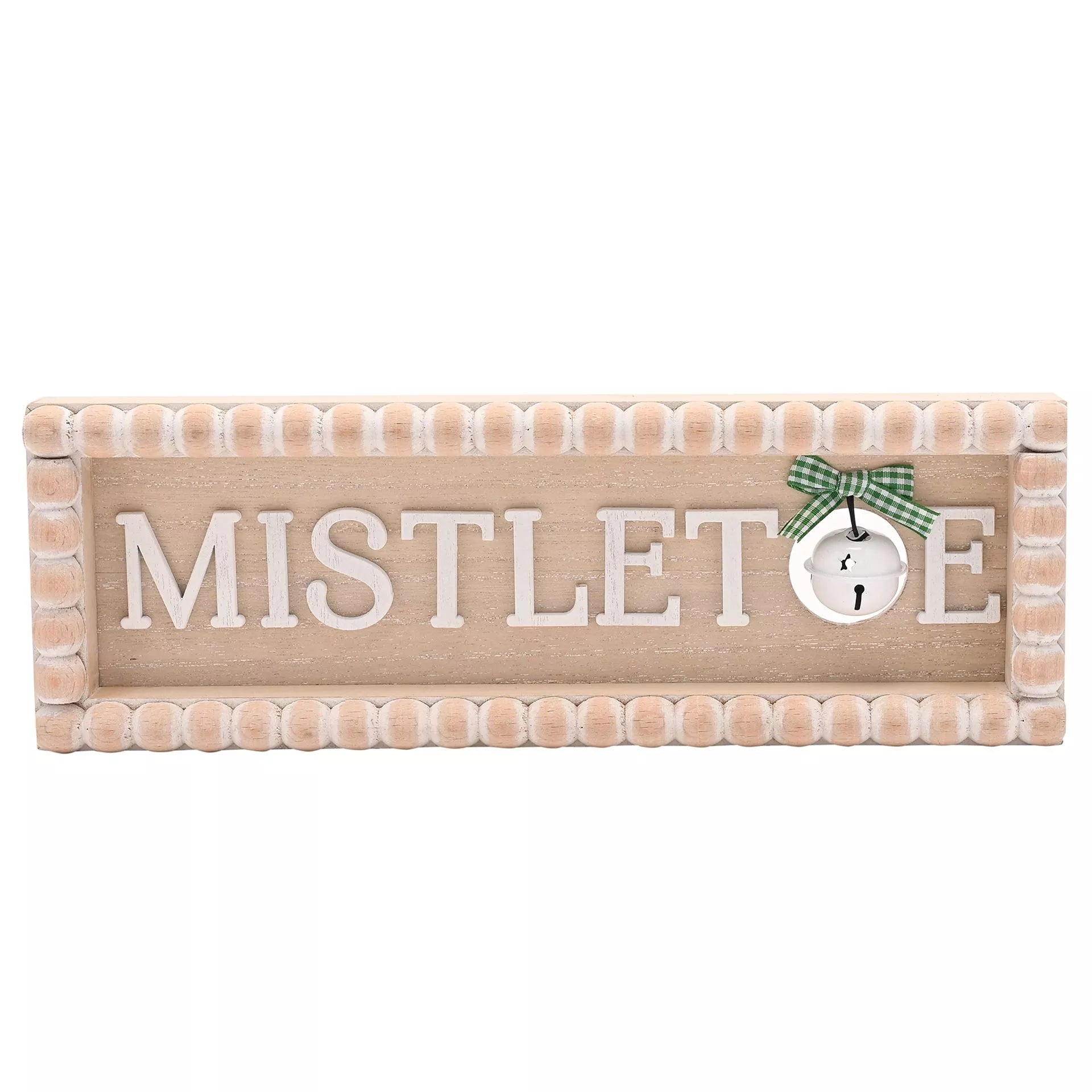 Decorative bobble wooden sign with 'MISTLETOE' text and a bell 30cm