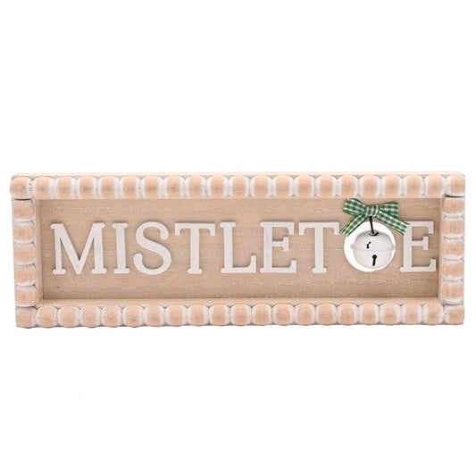 Decorative bobble wooden sign with 'MISTLETOE' text and a bell 30cm