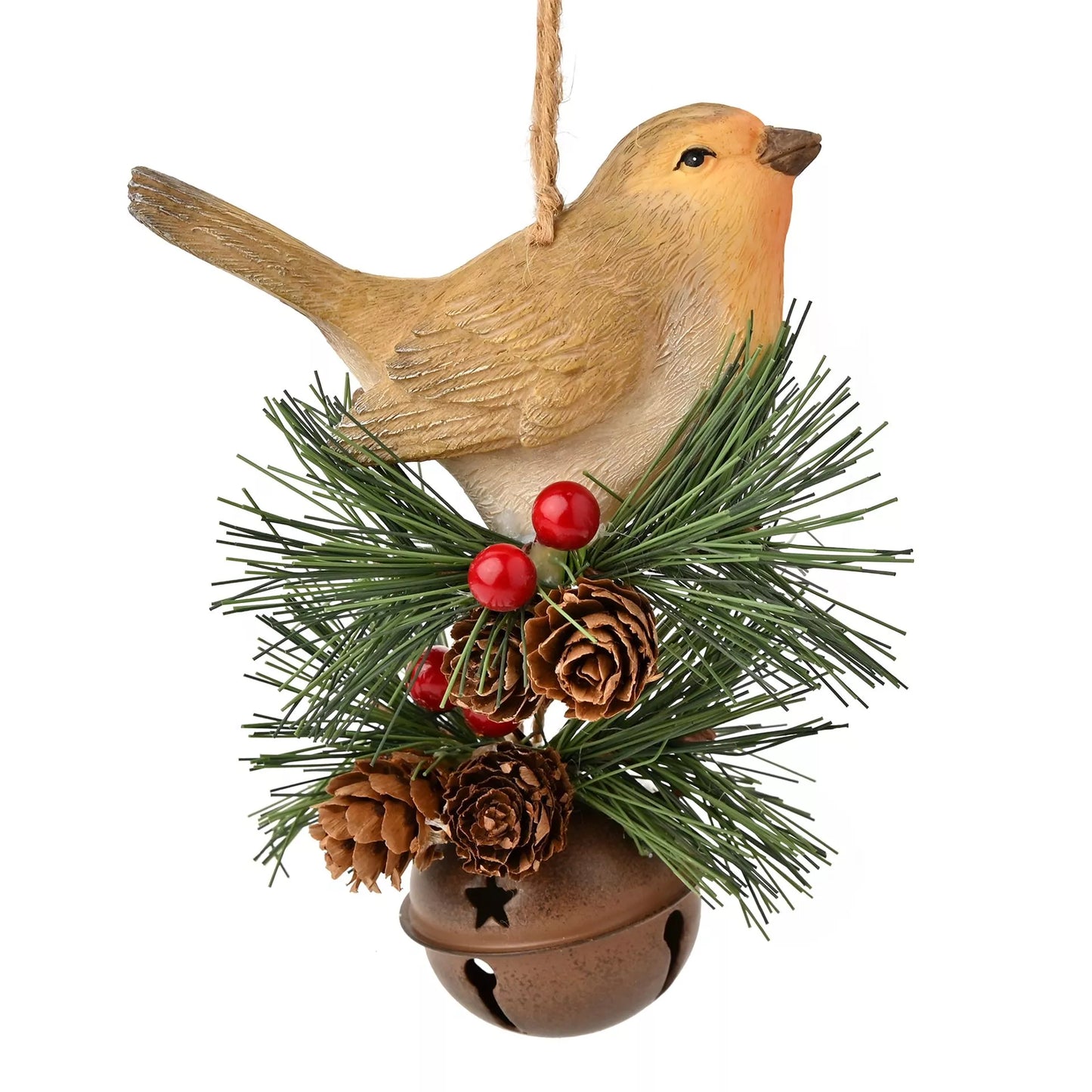 Decorative robin christmas tree ornament with greenery, berries, and a bell 