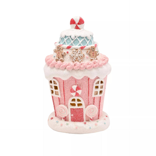 Decorative led  gingerbread cupcake house with pink facade and white roof 