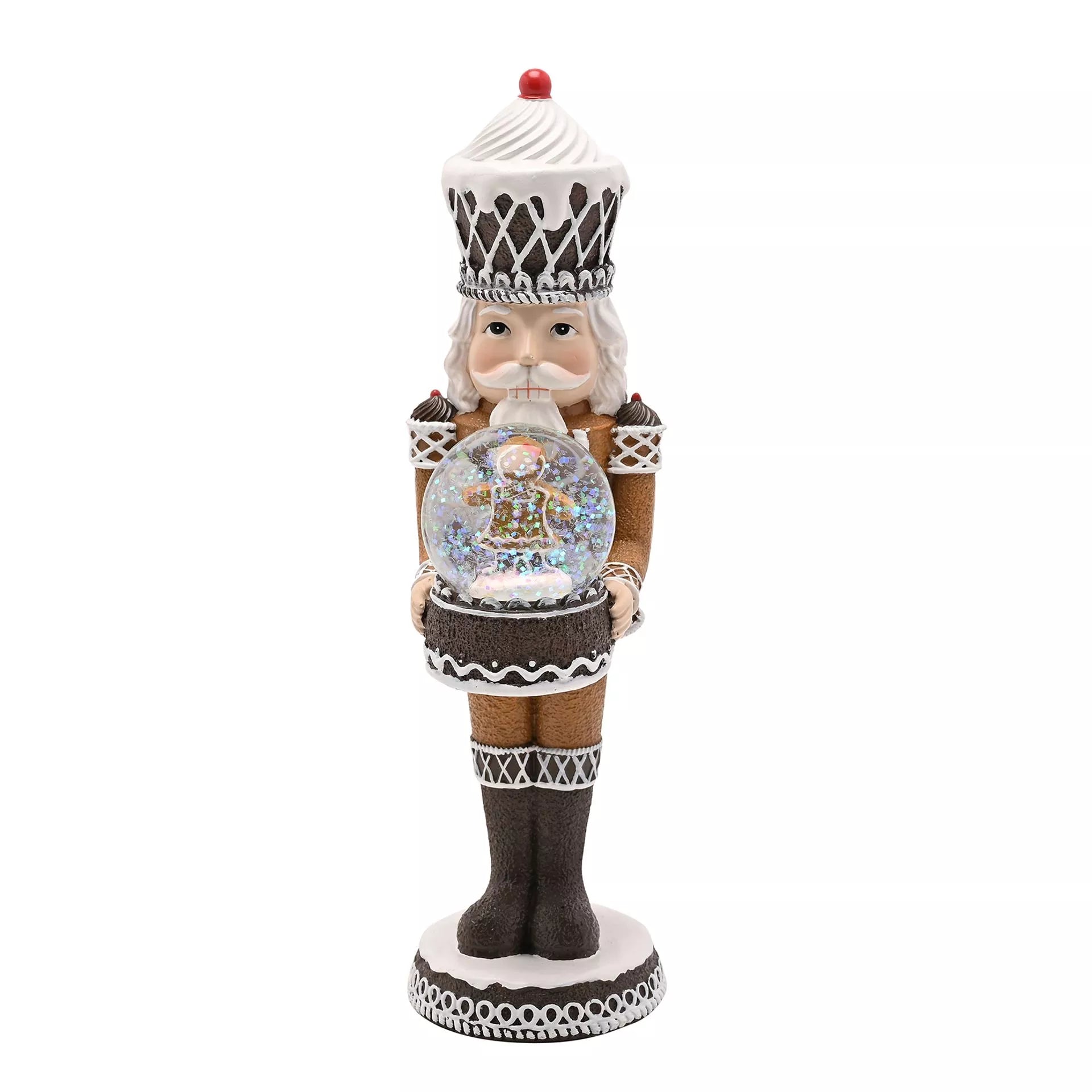 Decorative figure of a Nutcracker holding a snow globe 23cm