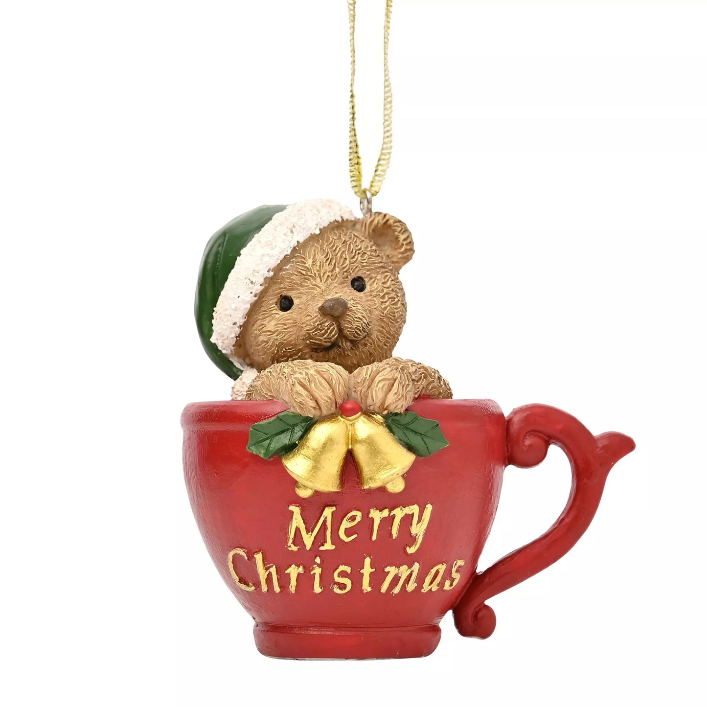 Christmas ornament of a teddy bear in a red mug with 'Merry Christmas' text and bells
