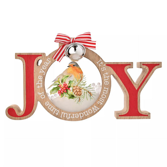 Christmas ornament with 'JOY' letters, robin bird, and bow 