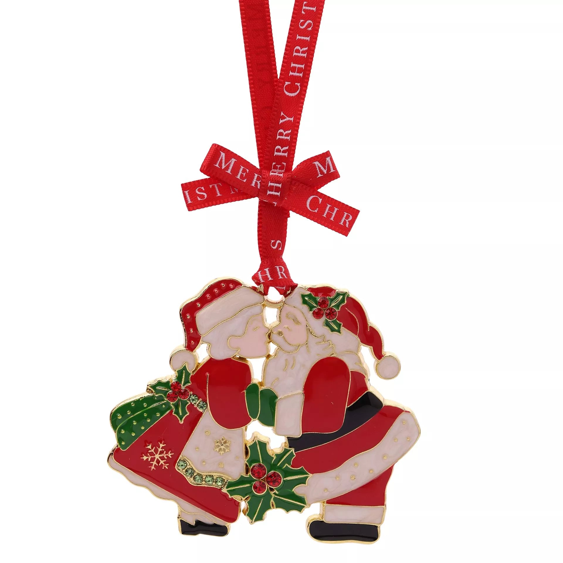 Christmas tree ornament with mr and mrs Claus kissing holding hands and holly leaves, tied with a red ribbon.