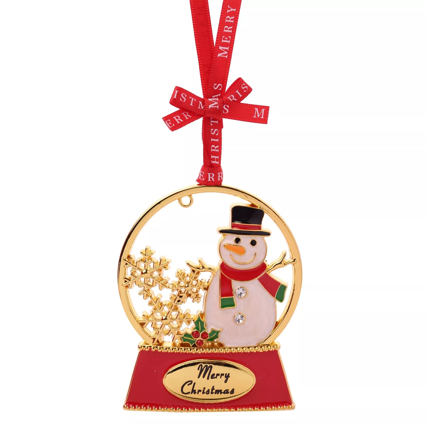 Christmas tree ornament with a snowman design in a gold globe