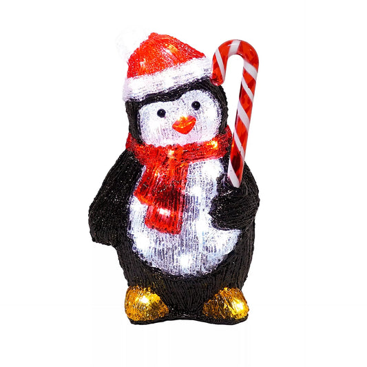 Decorativelight up led penguin figure with a candy cane, wearing a hat and scarf, 30cm