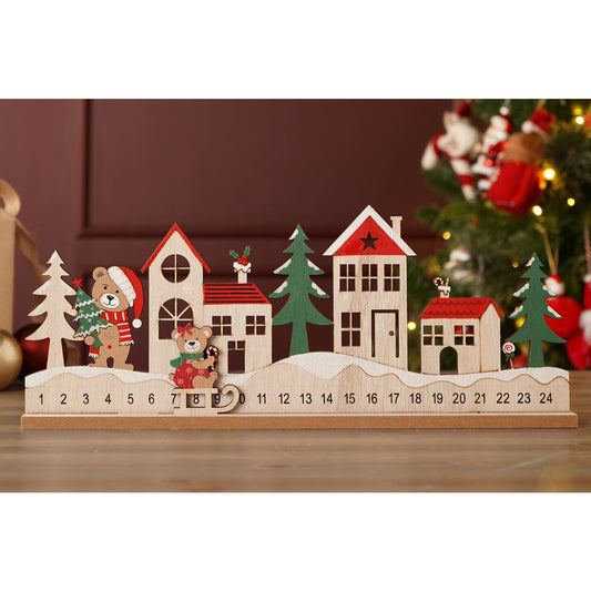 Wooden Christmas teddy bear advent countdown calendar featuring a snowy village scene, Santa and two teddy bears