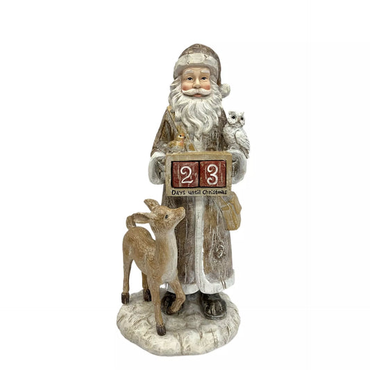 Winter Woodland Santa Christmas countdown figurine with white bearded Santa holding a calendar beside a woodland deer