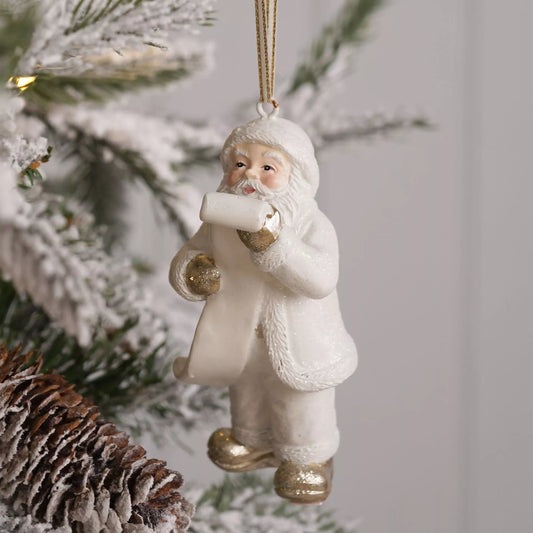 White and gold Santa reading a letter hanging Christmas tree decoration