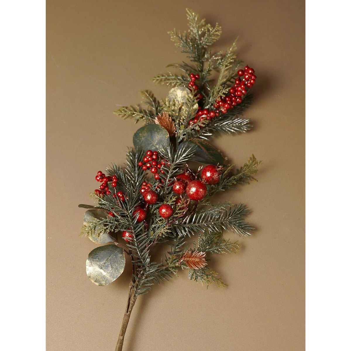 Golden sparkle Christmas pine foliage stem with red berries and leaves, 72cm