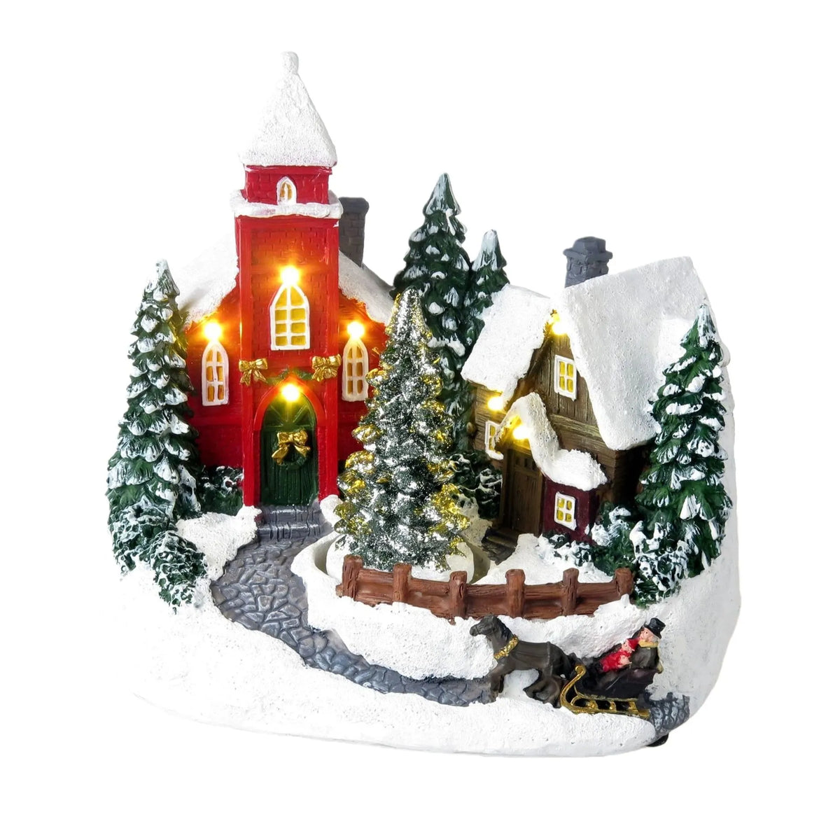 LED light up Christmas church with rotating tree and snowy village scene