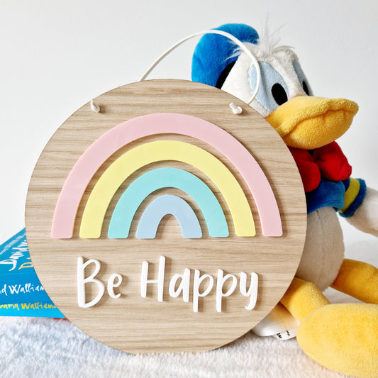 Rainbow plaque laser cut from oak veneered wood and rainbow acrylic