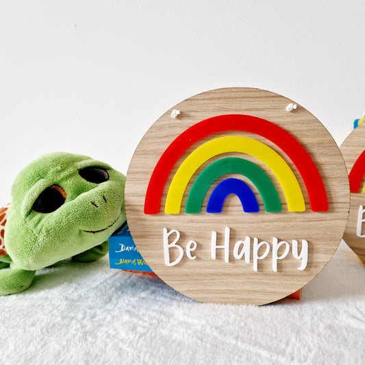 Rainbow plaque laser cut from oak veneered wood and rainbow acrylic  